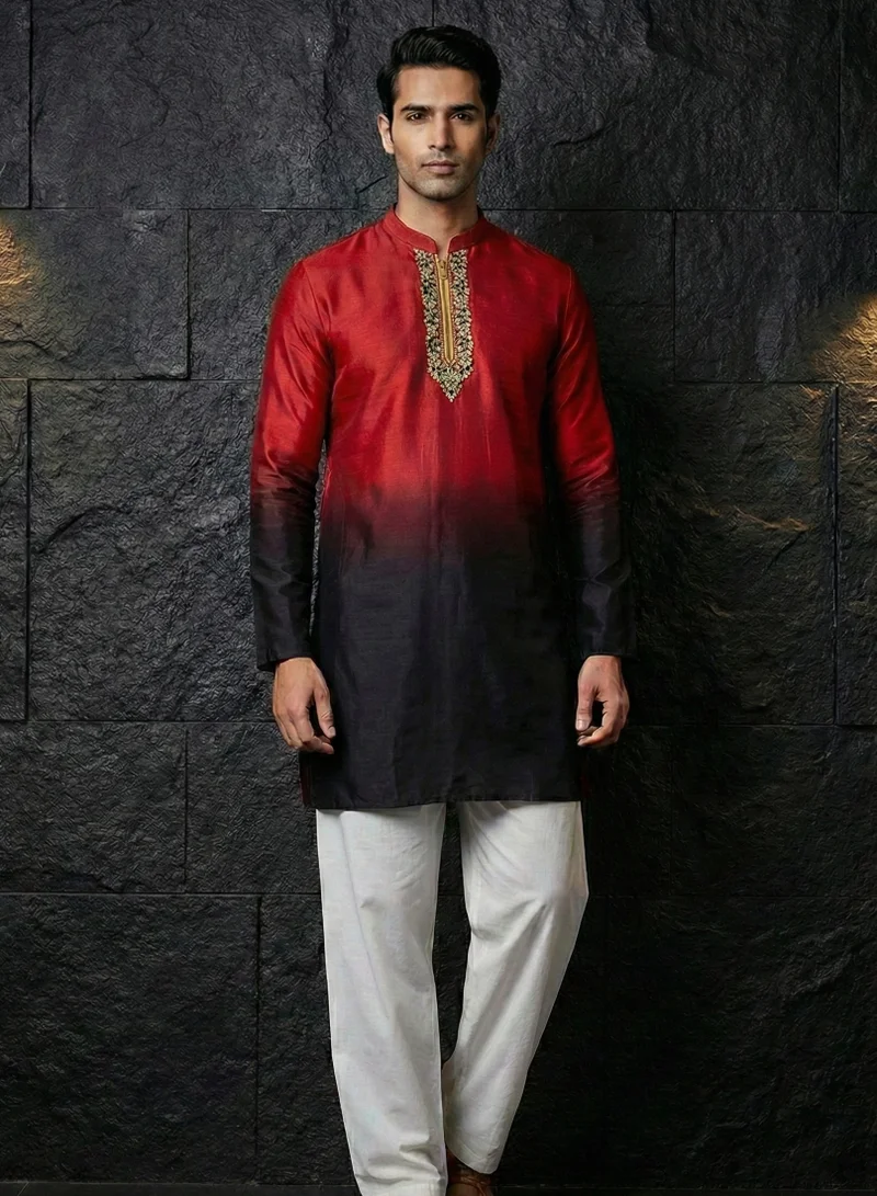 Lehar Men’s Red &amp; Black Ombre Silk Kurta with Zipper Neckline Embroidery